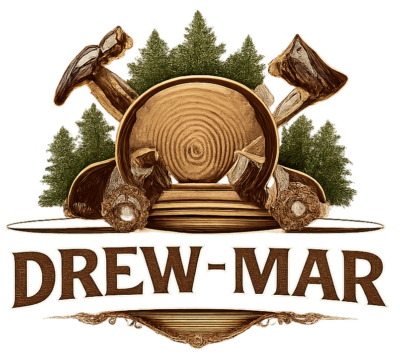 Logo firmy "DREW-MAR" przedstawione w brązowej, drzewnej stylistyce. Centralnym elementem jest przekrój pnia drzewa z wyraźnymi słojami, za którym znajdują się trzy choinki. Po bokach umieszczono skrzyżowane narzędzia: młotek i siekierę, a u dołu widnieją kawałki drewna. Całość wieńczy duży napis "DREW-MAR" oraz ozdobny element graficzny na samym dole.