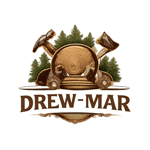Grafika logo "DREW-MAR" na białym tle, przedstawiająca przekrój pnia, narzędzia (młotek i siekierę) oraz choinki w odcieniach brązu i zieleni. Pod ilustracją znajduje się wyraźny, brązowy napis z nazwą firmy.